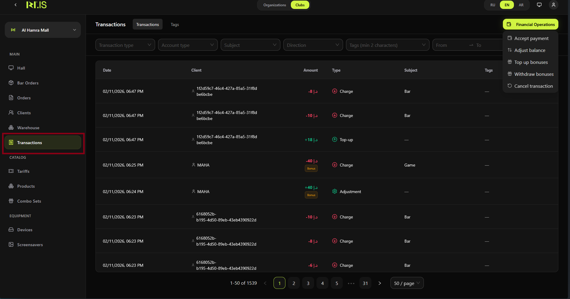 Transactions — Financial Operations