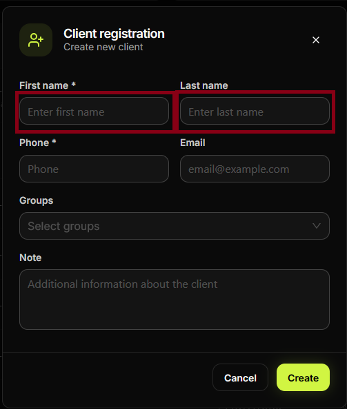 Registration form — fields