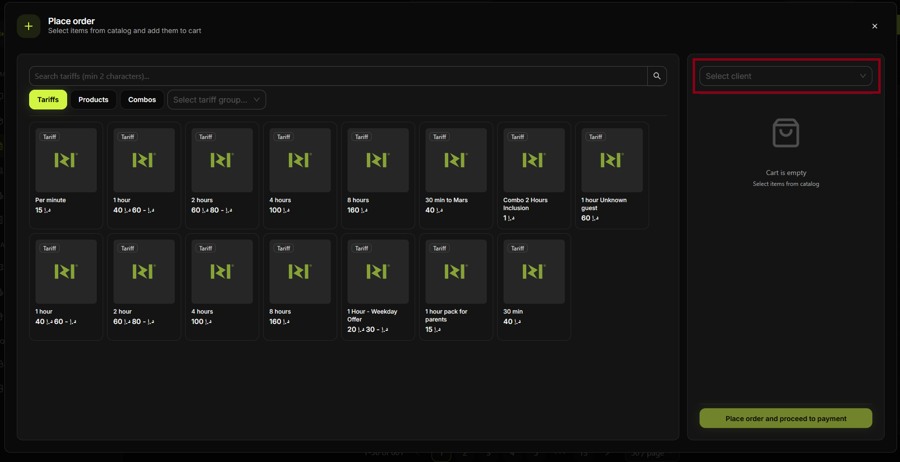 Place order — Select client field