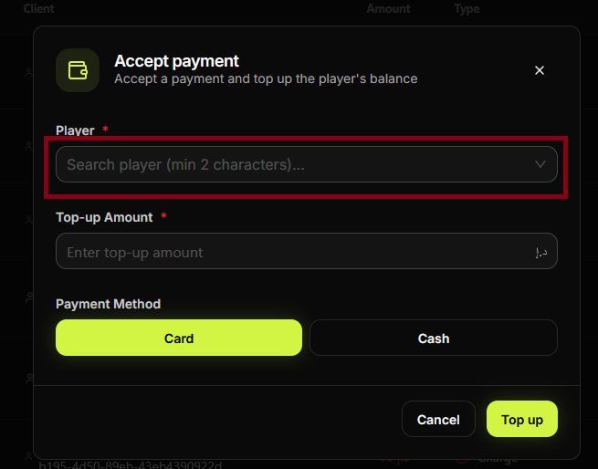 Accept payment — Player selection