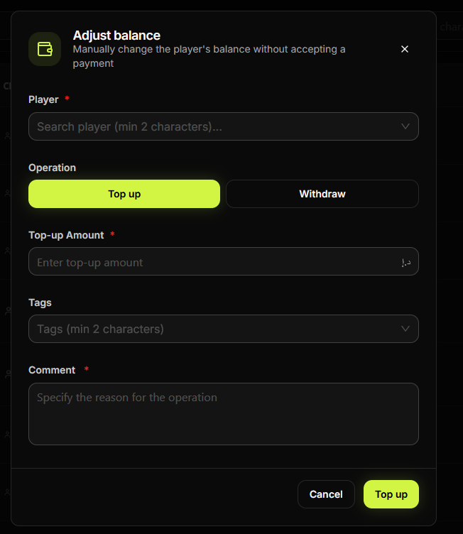 Adjust balance — dialog with Operation, Player, Amount, Tags, Comment