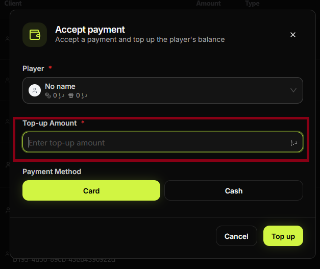 Accept payment — Top-up Amount field