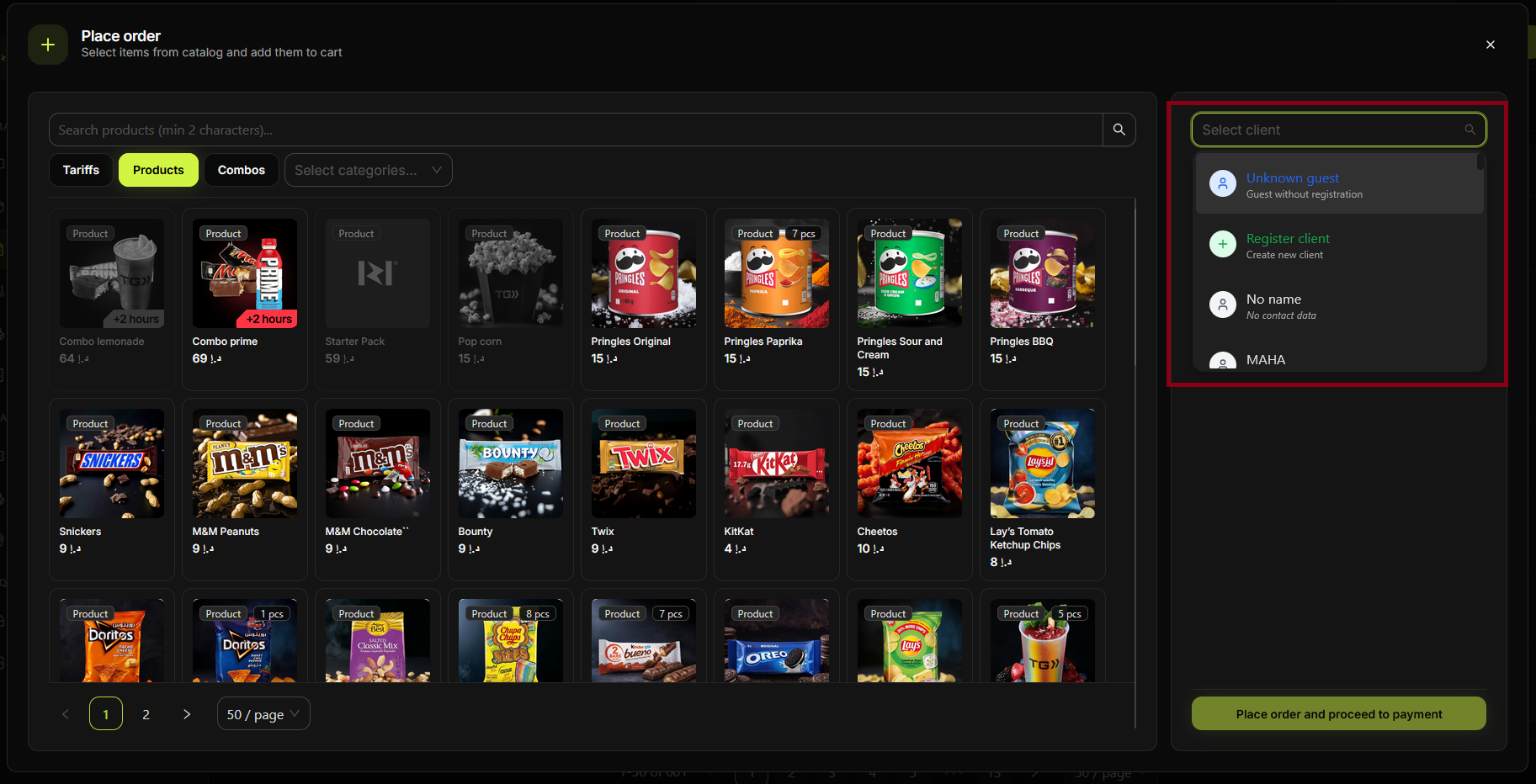 Place order — Products tab, product grid