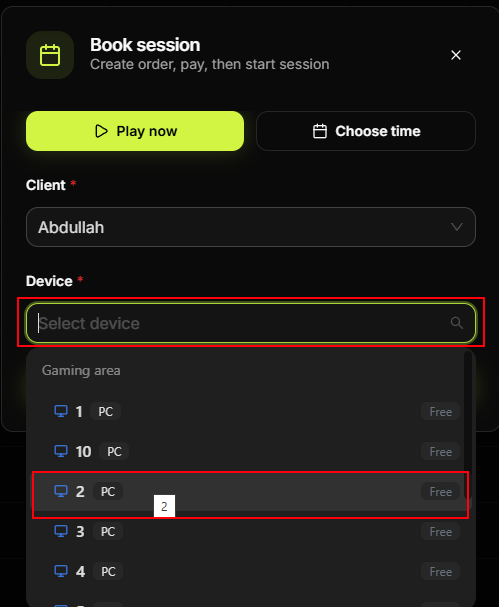 Device list — Gaming area PCs