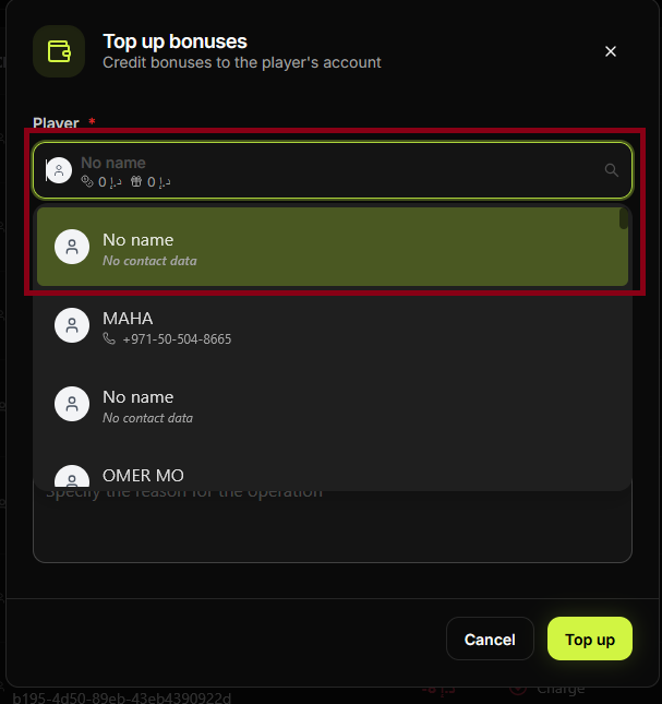 Top up bonuses — Player selection