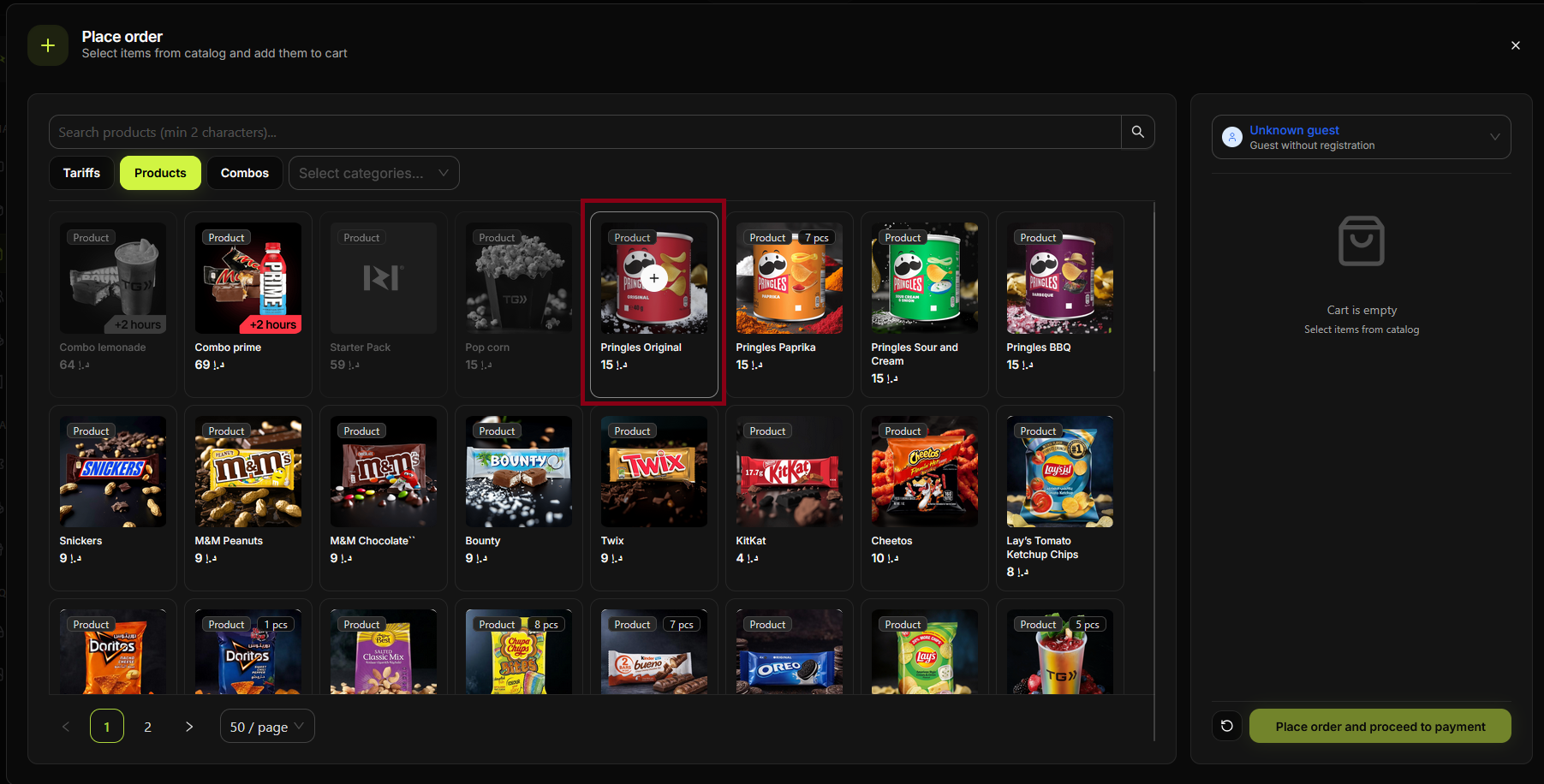 Place order — product card, add to cart