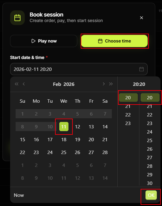 Choose time — calendar and time list, OK button