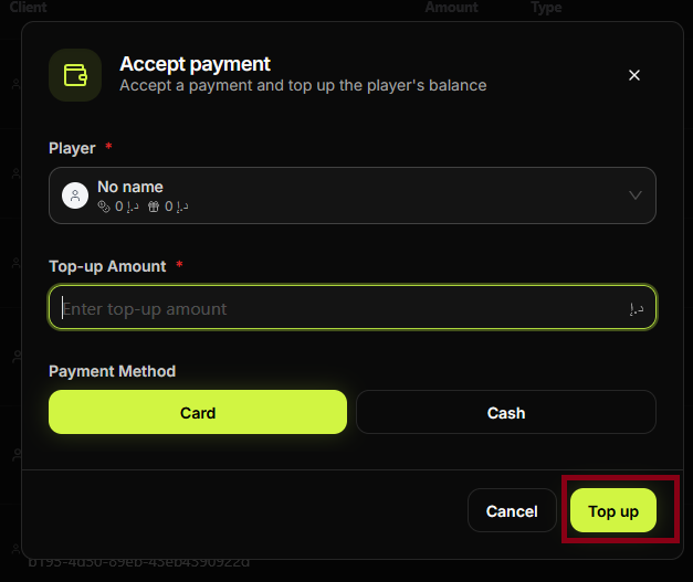 Accept payment — Top up button