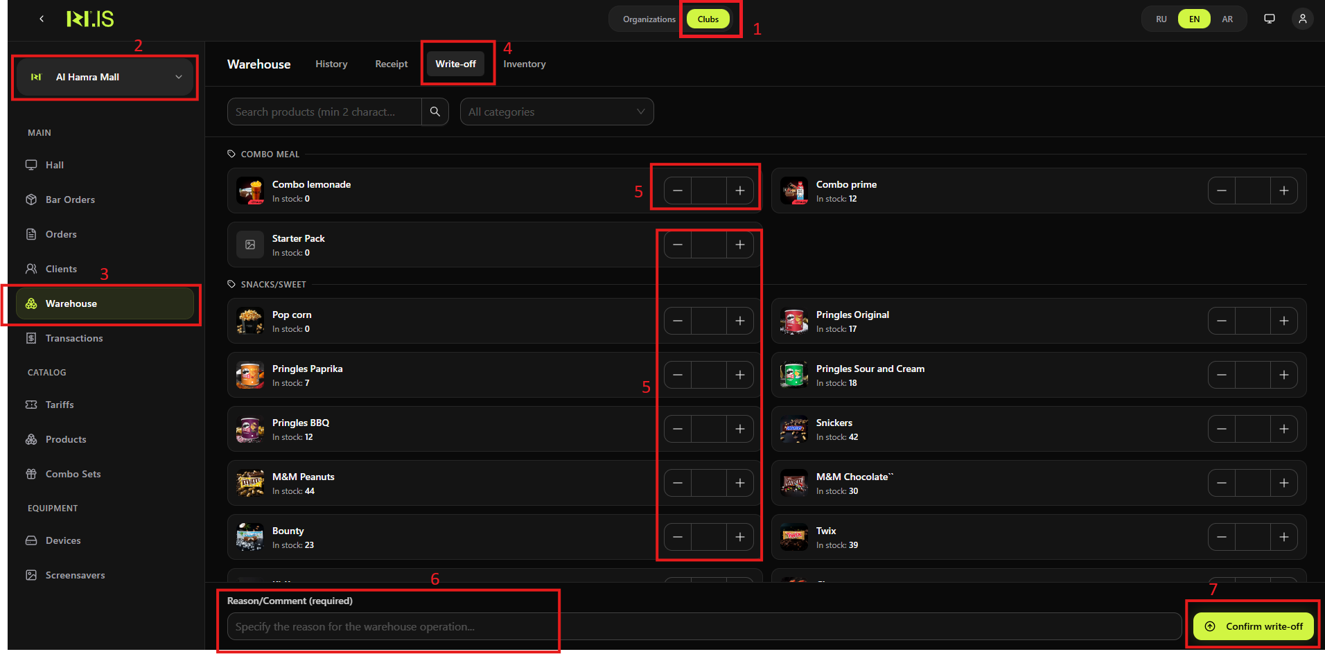 Write-off — steps 1–7: Clubs, club selector, Warehouse, Write-off tab, quantities, Reason/Comment, Confirm write-off